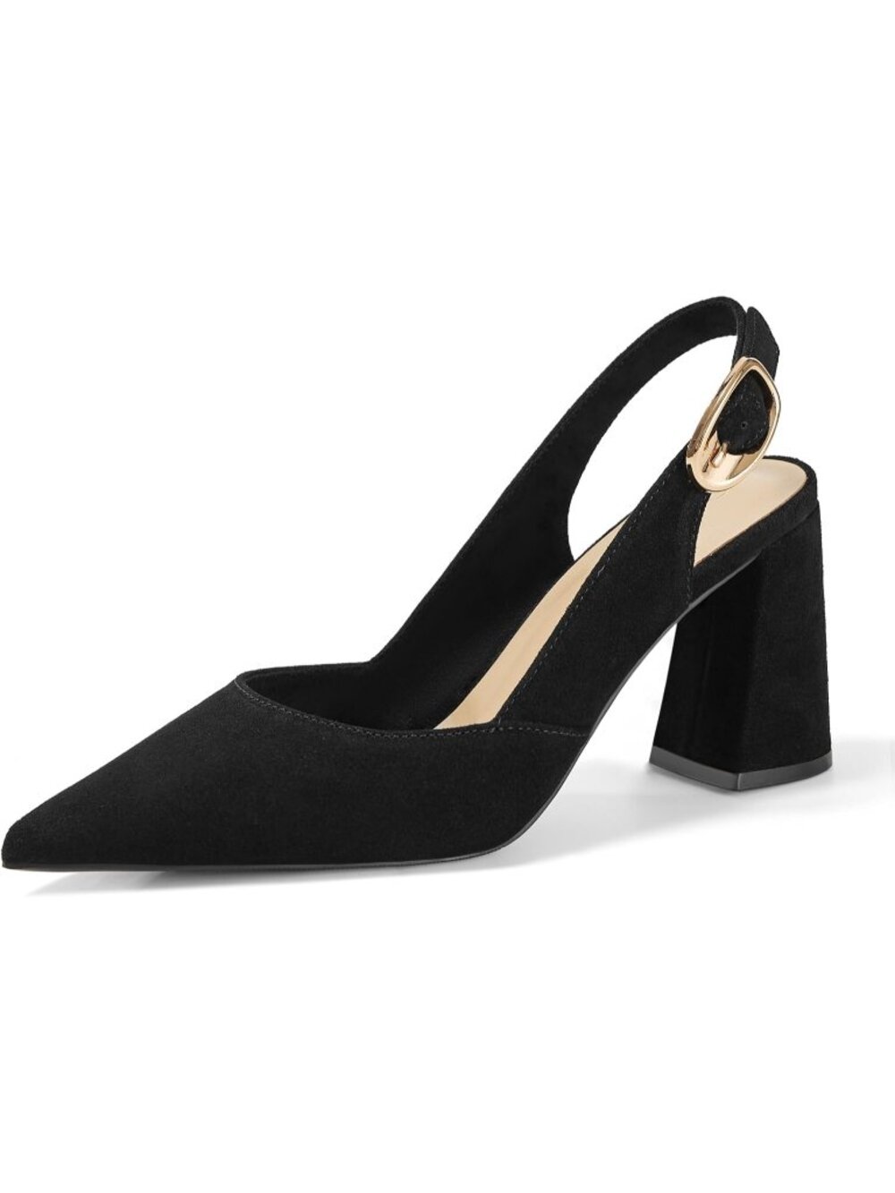 Women's Black Suede Pointed Toe Slingback Block Heel Adjustable Buckle Pumps